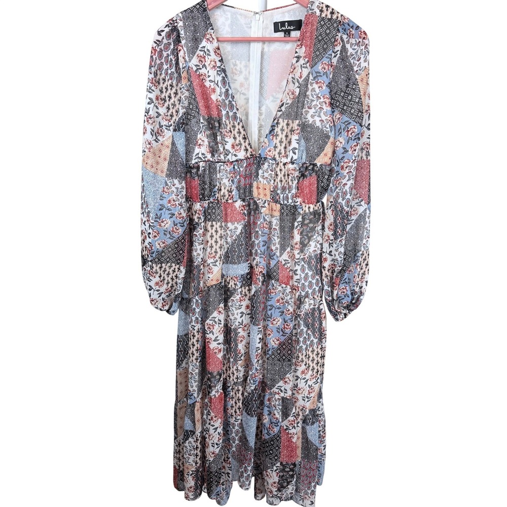 Lulus Patchwork Floral Maxi Dress S Long Sleeve Deep V Smocked Boho Cottagecore